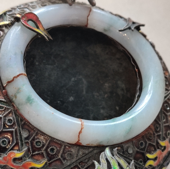 Chinese Export Dragon Ashtray Sterling Silver Enamel Jade Rim 332gr - Picture 14 of 16